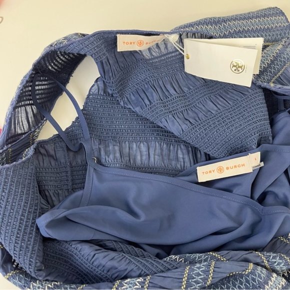 NWT Tory Burch Blue Striped Smocked CottonMidi Dress Size 4 - Picture 11 of 12
